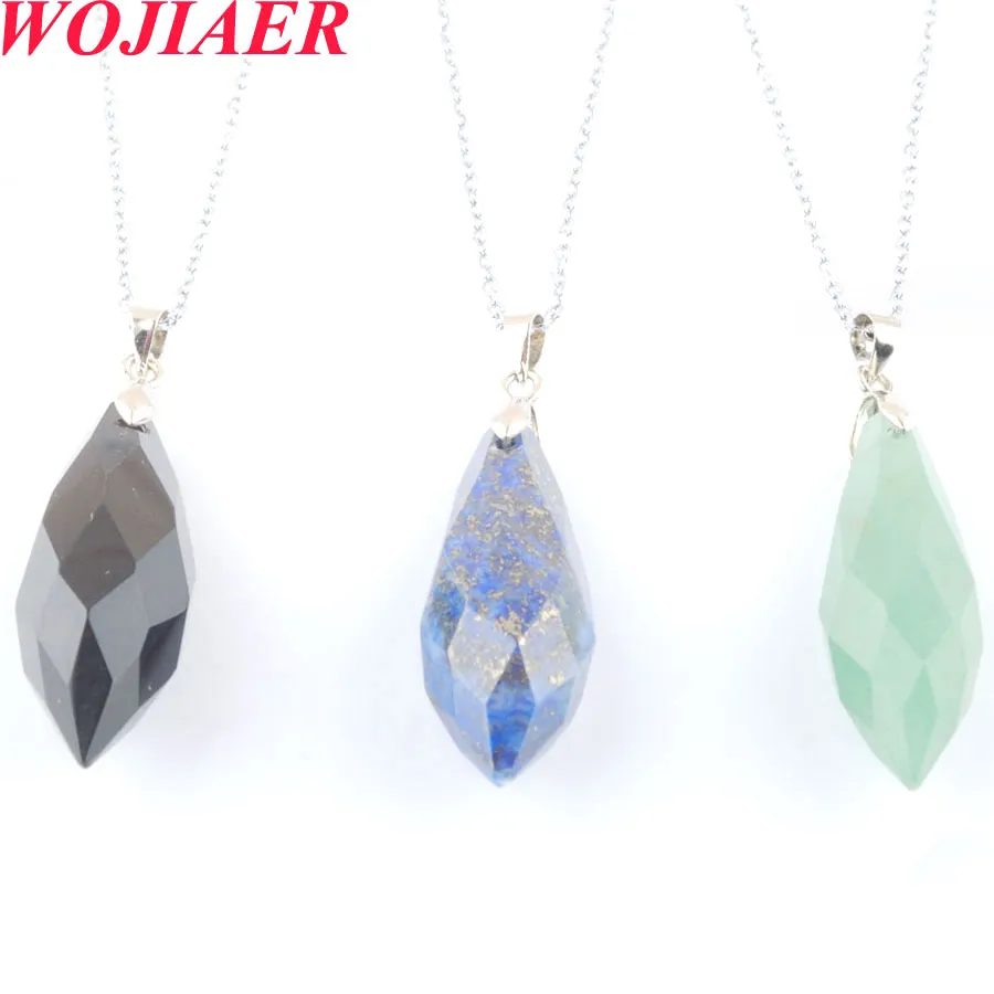 WOJIAER Natural Crystal Stone Pendant Necklace for Chakra Healing Multifaceted Rice Bead Obsidian Reiki Point Pendule BO931