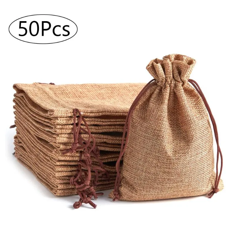 Storage Bags 50pcs Vintage Natural Burlap Gift Candy Wedding Party Favor Pouch Birthday Supplies Drawstrings Jute