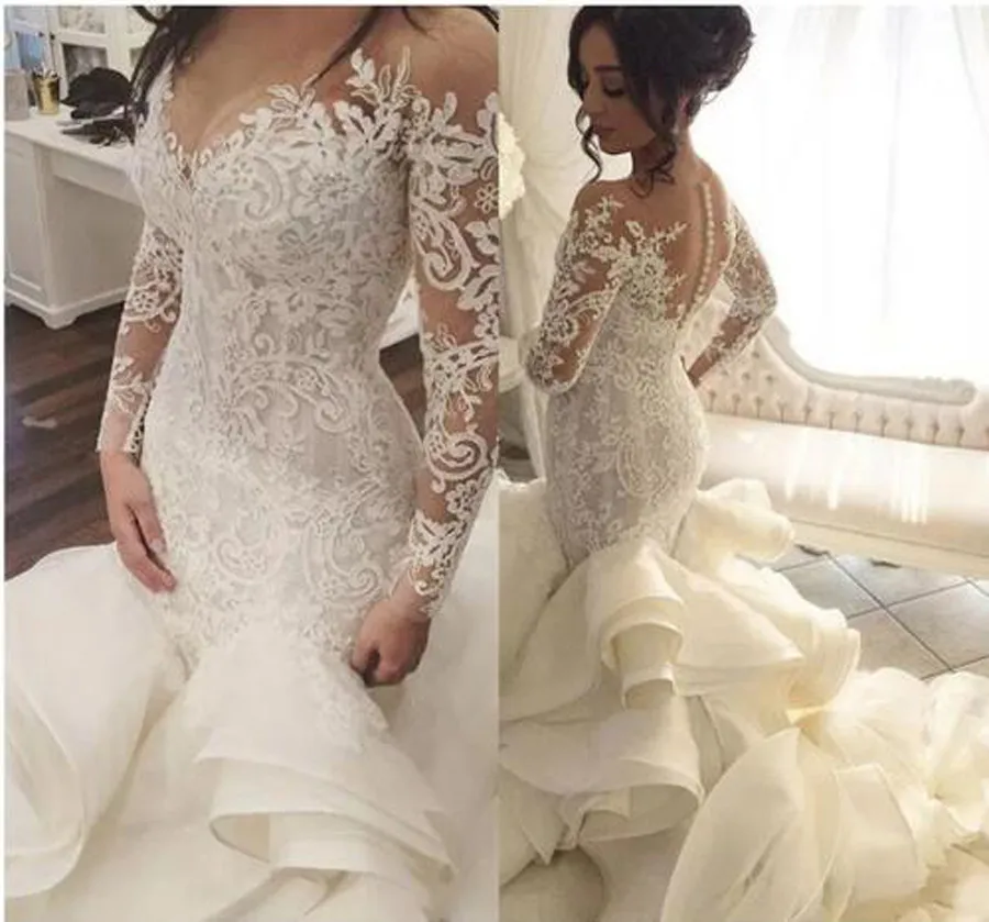 Sexig sjöjungfru Bridal Gown Bröllopsklänning Ankomst Långärmad Muslim Vestido de Noiva Romantiska Appliques Ruffles Grows