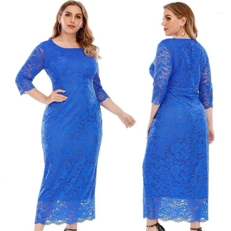 XL-5XL Lace Dress Large Size Women's Solid Color Round Neck Three-Quarter Sleeves High Quality Beautiful Elegant 2021 Casual Dresses