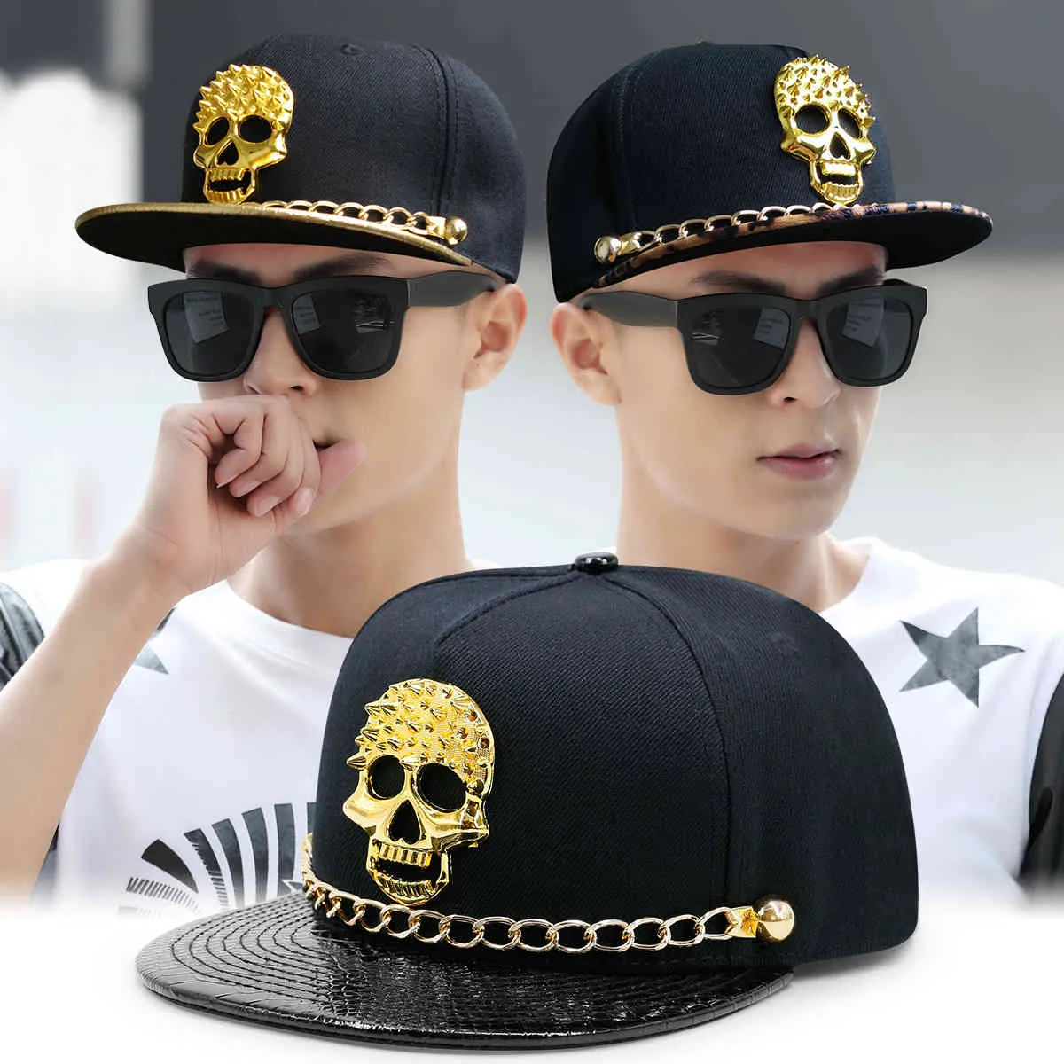 Punk Style Gold Leather met Chain Button Skull Rivet Baseball Hip Hop Flat Brim Hat263T