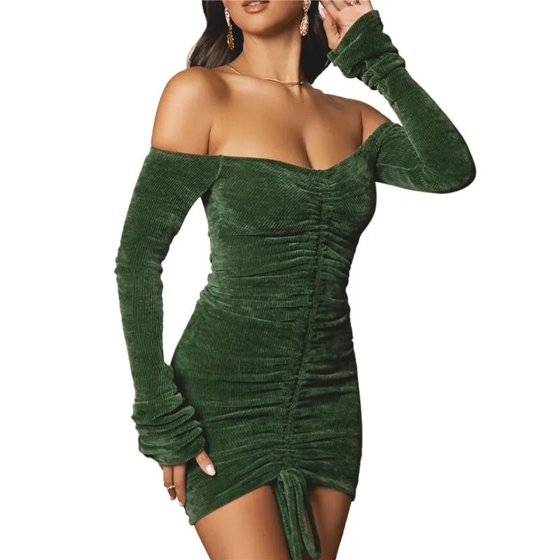 Casual Dresses Off Shoulder Party Fashion Mini Dress Women Long Sleeve Strappy Solid Backless Ruched Drawstring Bodycon Sexy Club Vestido