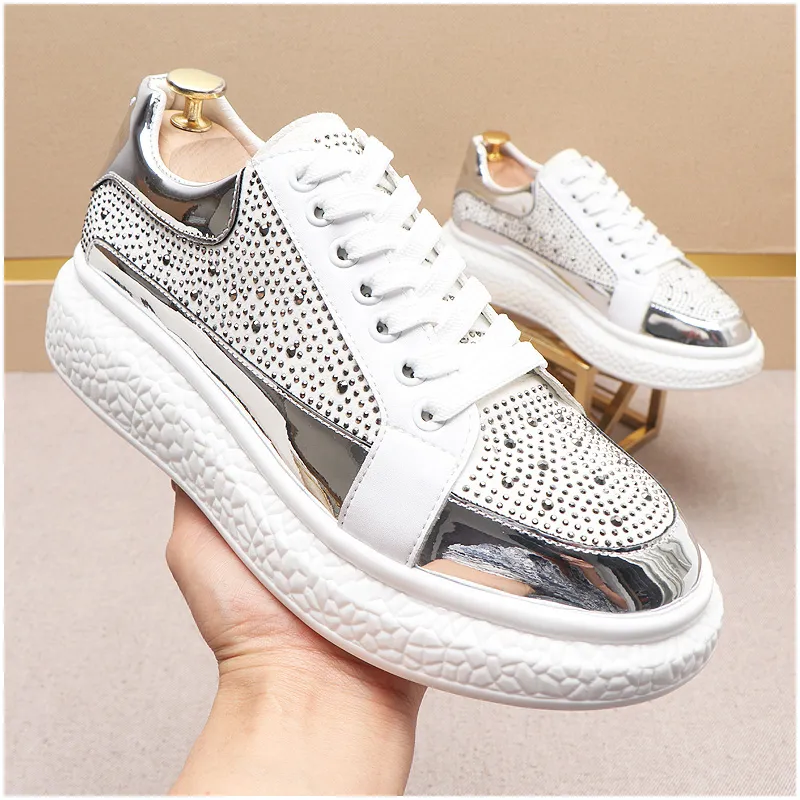 Men Fashion Glitter Black New White Rhinestone Casual Lace Up Shoes Flats Male Designer Prom Sneakers Loafers Zapatos Hombre for Mens Dress Shoes 68743 s