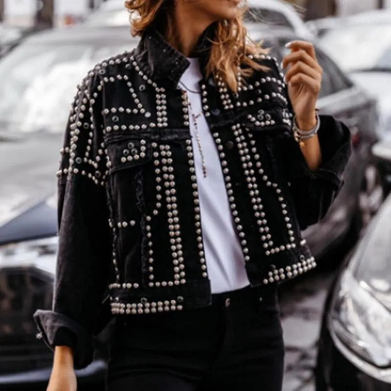 Studded Frayed Hem Denim Jacket Women Coats Black Lapel Single Breasted 2021 Jeans Jackets And