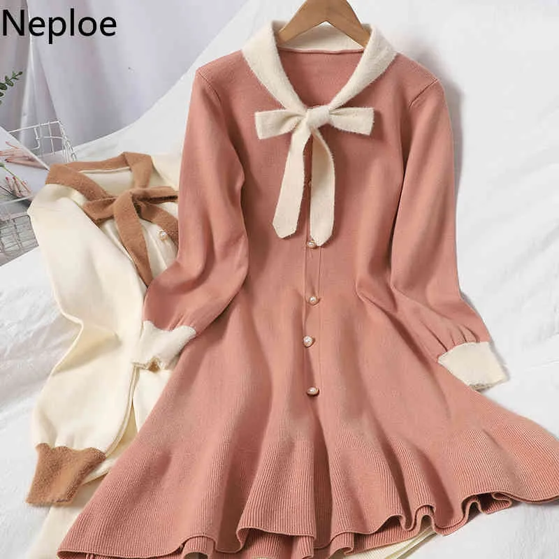 Neploe Single Breasted Knitted Dress Sweet Ruffles Midi Dresses for Women O-neck Lace Up Robe High Waist Slim Fit Vestidos 4F933 210422