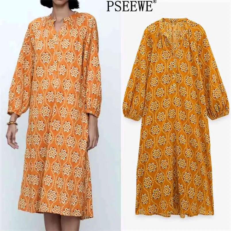 Vintage Imprimer Robes Longues Femmes Casual Été Jaune Manches Midi Femme Mode Lâche Rétro Fente 210519