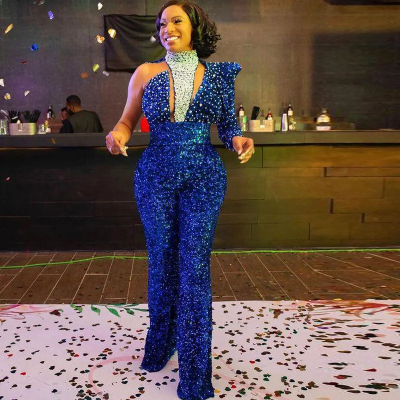 Royal Blue Jumpsuit Prom Dresses One Long Sleeve Sequins Outfit Cocktail Party Gowns Plus Size Arabic Aso Ebi Empire Evening Wears