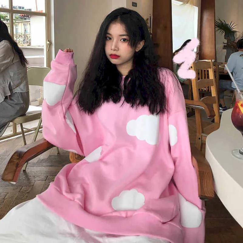 felpa da donna ragazza infantile stampa nuvola rosa versione coreana allentata studentessa girocollo stile Harajuku 210526