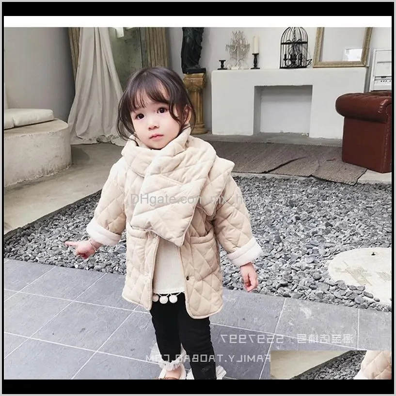 girls winter fashion polar fleece thicken single-breasted long coats with neckerchief kids warm long jackets outwear clothing 201102