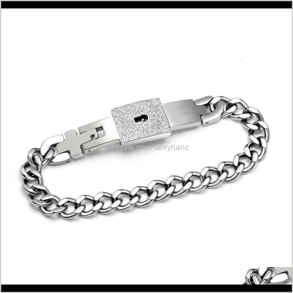 link up to the sky concentric key interlock titanium steel couple heart lock frosted women`s bracelet men`s