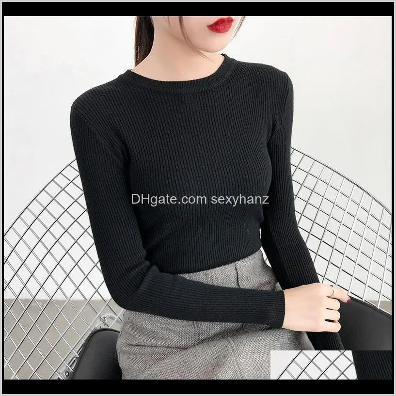 2020 autumn winter women`s pullovers sweater knitted elasticity jumper slim crew neck warm female white black sweaters
