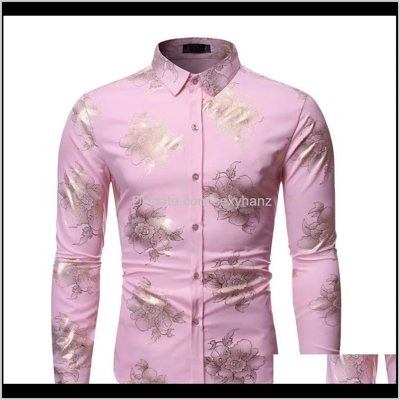 Abbigliamento casual Abbigliamento Drop Delivery 2021 Moda Rosa Camicia stampa floreale laminata Uomo Slim manica lunga Camicie eleganti da uomo Party Stage Prom Leinx