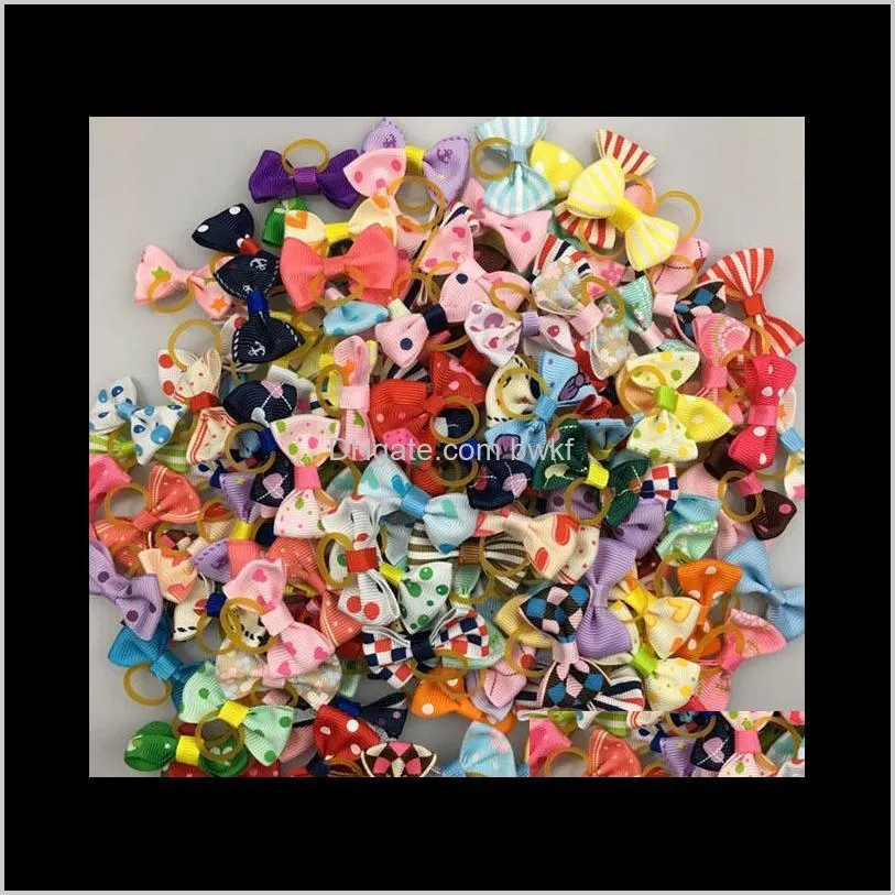 (100 pieces/lot) cute ribbon pet grooming accessories handmade small dog cat hair bows with elastic rubber band 121 colors 201127