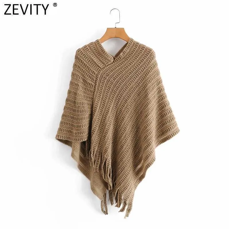 Zevity Women Fashion Hem Tassel Virket Stickad Sjal Sweater Kvinna Patchwork Pullovers Chic Hollow Out Cloak Tops S531 210603