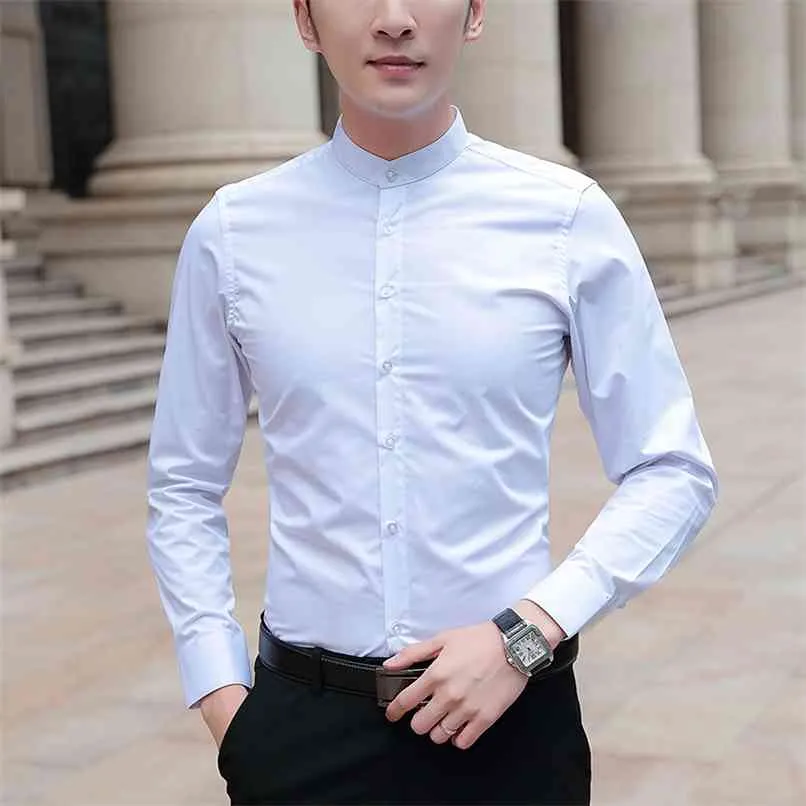 BROWON Brand Men Shirts Business Long Sleeve Stand Collar Cotton Male Shirt Slim Fit Designs Men's Fahion 210809