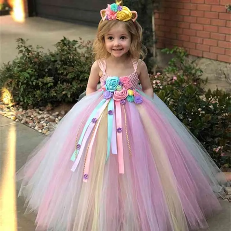 Pastel Unicorn Flower Tutu princess dress with Crochet Ribbons and Hairbow for Girls Wedding Party Costume 210331