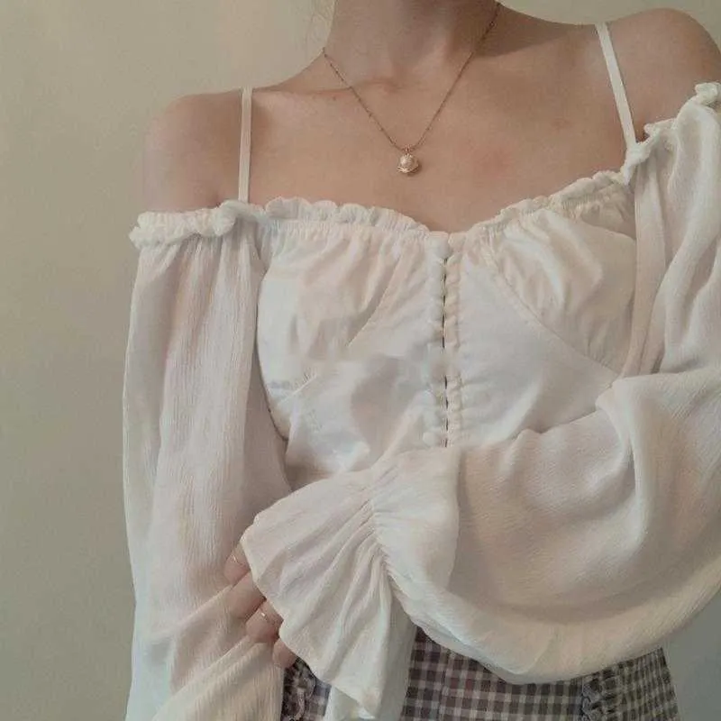 WOMENGAGA Spring French Korean White Front Top Exposed Clavicle Heart Machine Long Sleeve Short Shirt Blouse F8V 210603