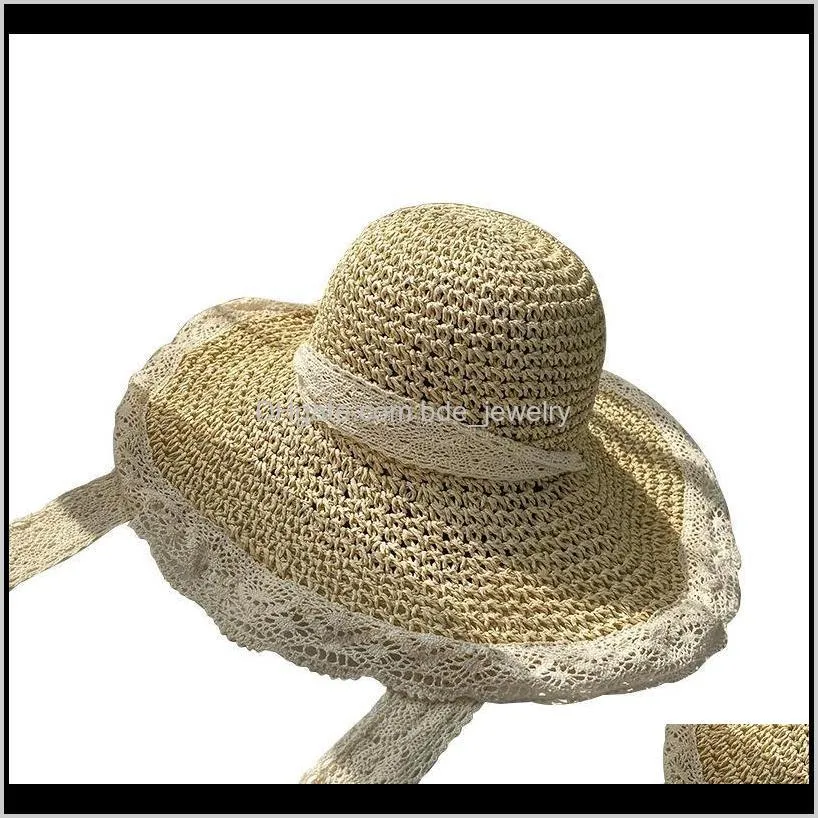 hat female straw korean style tide summer thin section breathable lace hollow small  windproof rope beach hats women wide brim
