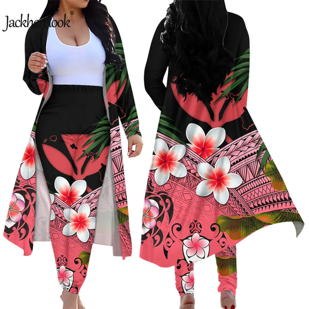 JobherEleok Kanaka Maoli Polinezya Tribal Hibiscus Plumeria Baskı 2 Parça Uzun Kollu Hırka Kadınlar Artı Boyutu Ceket Pantolon X0428