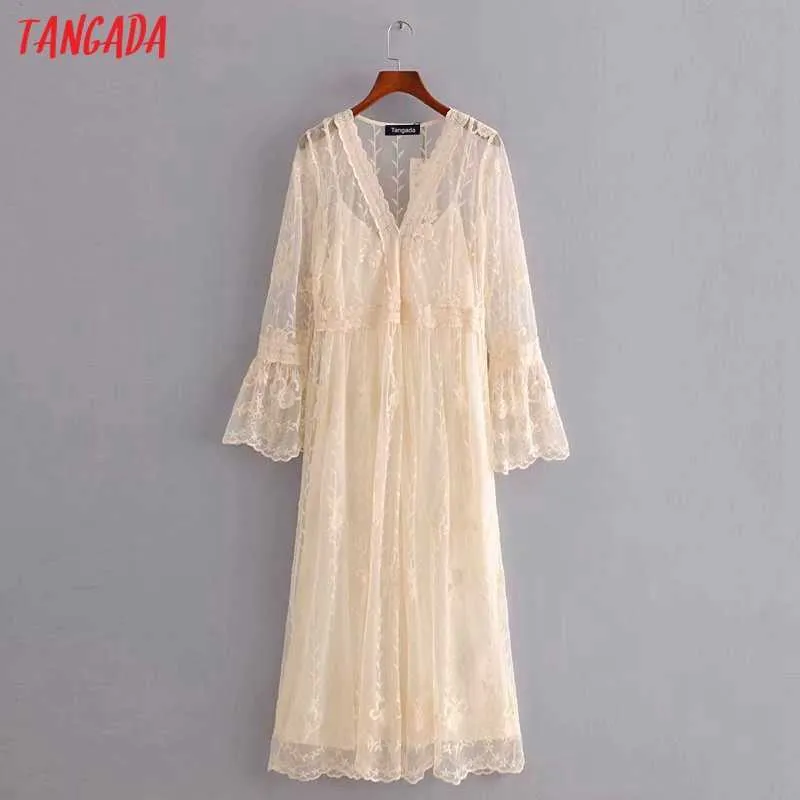 Tangada moda mujer bordado romántico encaje vestido Vintage manga larga señoras cuello en V Midi vestido 3H358 210609