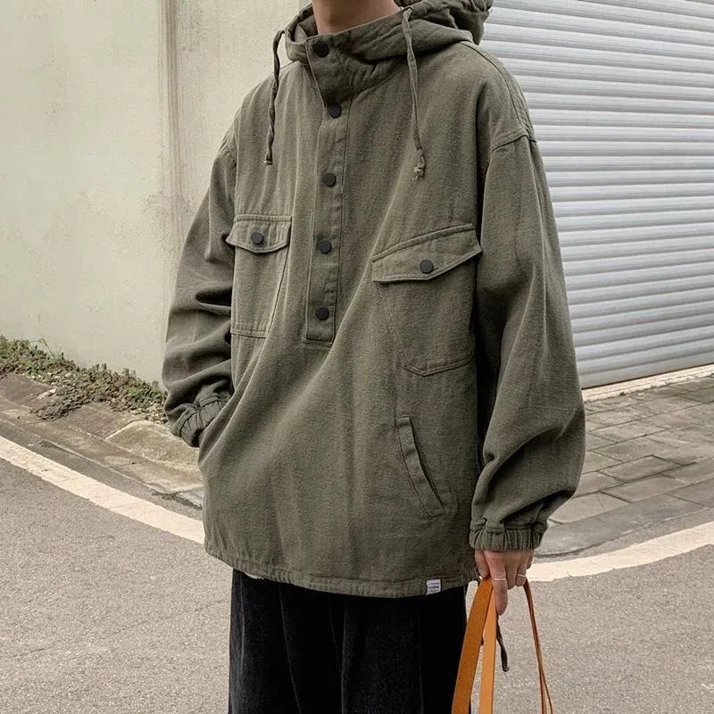 Sudaderas con capucha para hombre Sudadera con capucha de otoño Algodón suelto Japonés Vintage Retro Casual Casual Casual Ropa de trabajo Pullover Boy Pareja Grande