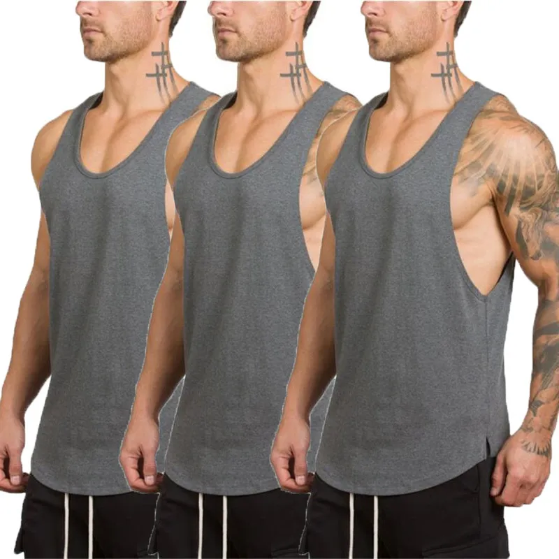 3 pack solid träning gym mens tank topp väst muskel ärmlös fitness skjorta bomull mode kläder bodybuilding singlets 210421