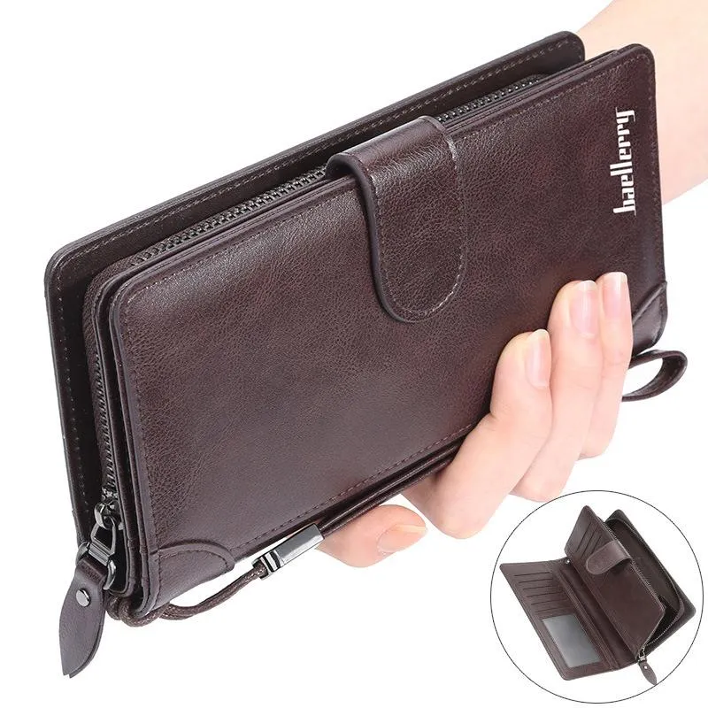 Portefeuilles grande capacité bracelet pochette hommes en cuir fermeture éclair téléphone portable longue portefeuille d'affaires homme Carteira porte-carte mâle sac à main