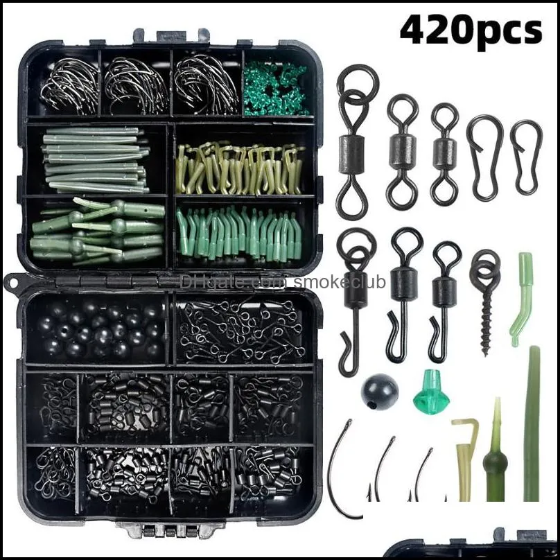 420pcs/Box Fishing Tackles Kit Hooks Swivel Snaps Stop Beads Baits Screw Fitting Anti Entanglement Sleeve For Bass Accessories