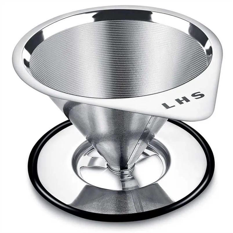 Häll över kaffefilter Rostfritt stål Återanvändbar Dropphållare Cone Funnel Basket Mesh Strainer 211008