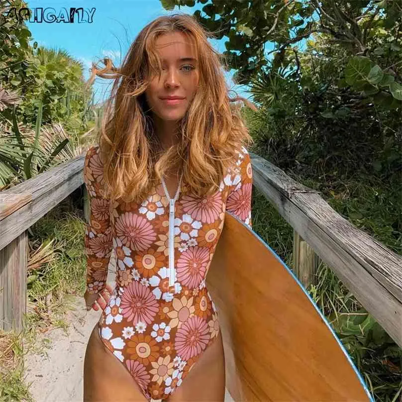 Uzun Kollu Yüzme Takım Seksi Baskı Mayo Yukarı Mayo Kadın Monokini Banyosu Yaz Plajı Giyim 210611