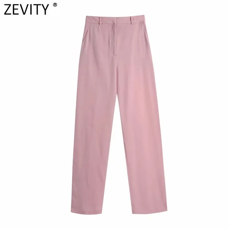 Vrouwen Simply Pink Color Wide Pen Broek Vintage Hoge Taille Office Dames Zipper Vlieg Casual Pantalones Mujer P1023 210420