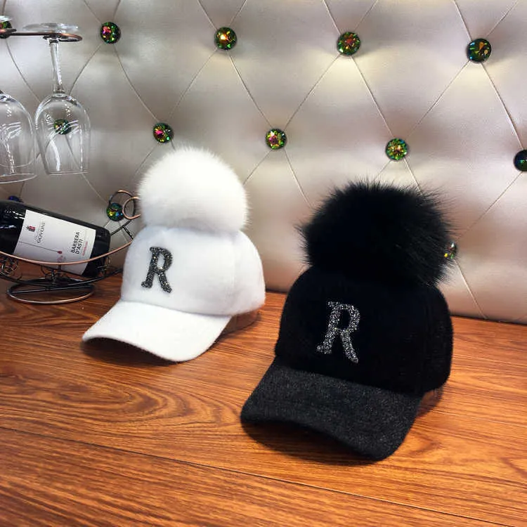 Hats for Women New Autumn and Winter Mohair Caps Water Drill Letter R Removable Real Fox Fur Ball Baseball Cap Solid Color Hats Q0703