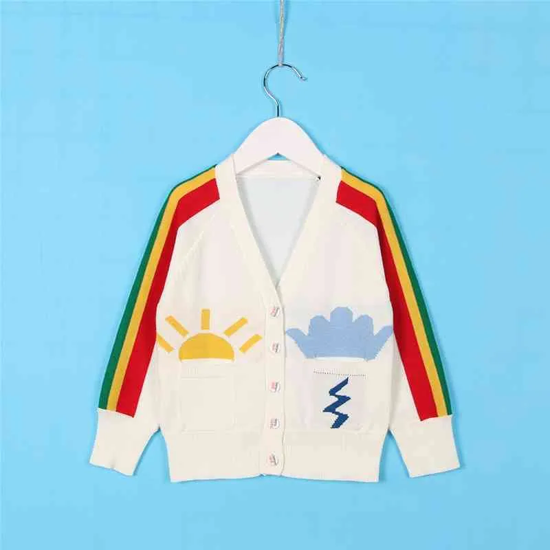 1-7 års tjejer cardigan coat stickad tröja våren höst tröja söta dragfile regnbåge baby kläder 210521