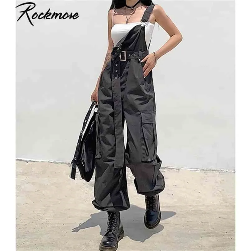 Rockmore Gothic Black Overalls Cargo Pants Plus Size Sling Bow Belt Dungarees Wide Poot Casual Broek 210915