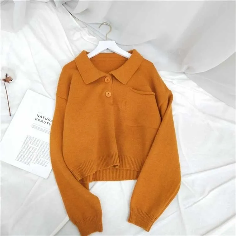 EBAIHUI Herbst Polo Pullover Pullover Frauen Lose Drehen Unten Kragen Oberbekleidung Weiche Feste Kurze Strick Pullover Top 211103