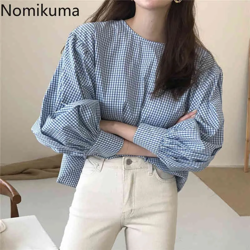 Nomikuma Vintage Mode O Hals Volle Hülse Plaid Shirts Frauen Casual Lose Sommer Tops Koreanischen Stil Bluse Blusas Mujer 3b724 210514