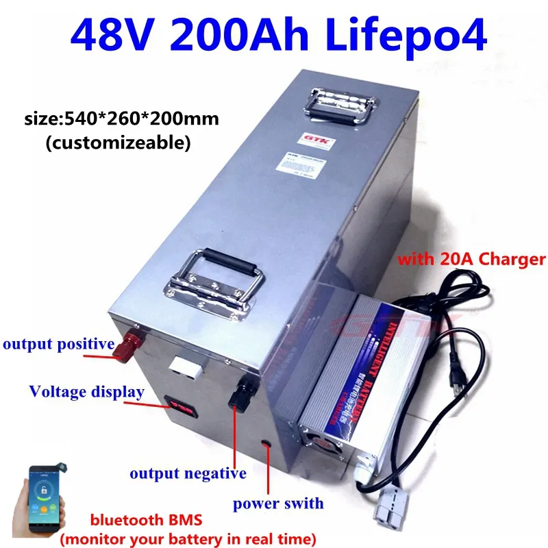 스틸 케이스 48V 200Ah 180Ah 160Ah 150Ah 130Ah 120Ah 100Ah Lifepo4 배터리 5000W 모터 홈 태양계 보트 RV + 10A 충전기