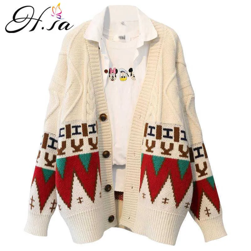 H.SA Women Sweater and Cardigans V neck Button Up Knit Sweater Coat Argyle Winter Thick Warm Oversized Sweater Long Cardigans 210716