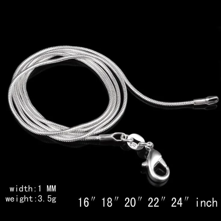 Komponenter toppkvalitet 925 sterling sier slät ormkedjor halsband hummer clasps kedje smycken fynd storlek 1 mm 16 tum --- 24 tum dr