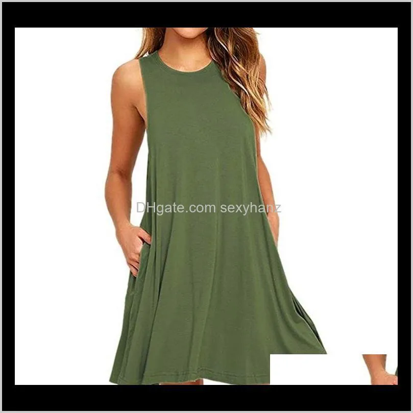 summer casual women pockets cotton t-shirt sleeveless new loose solid tank dress o-neck plus size women mini dress vestidos