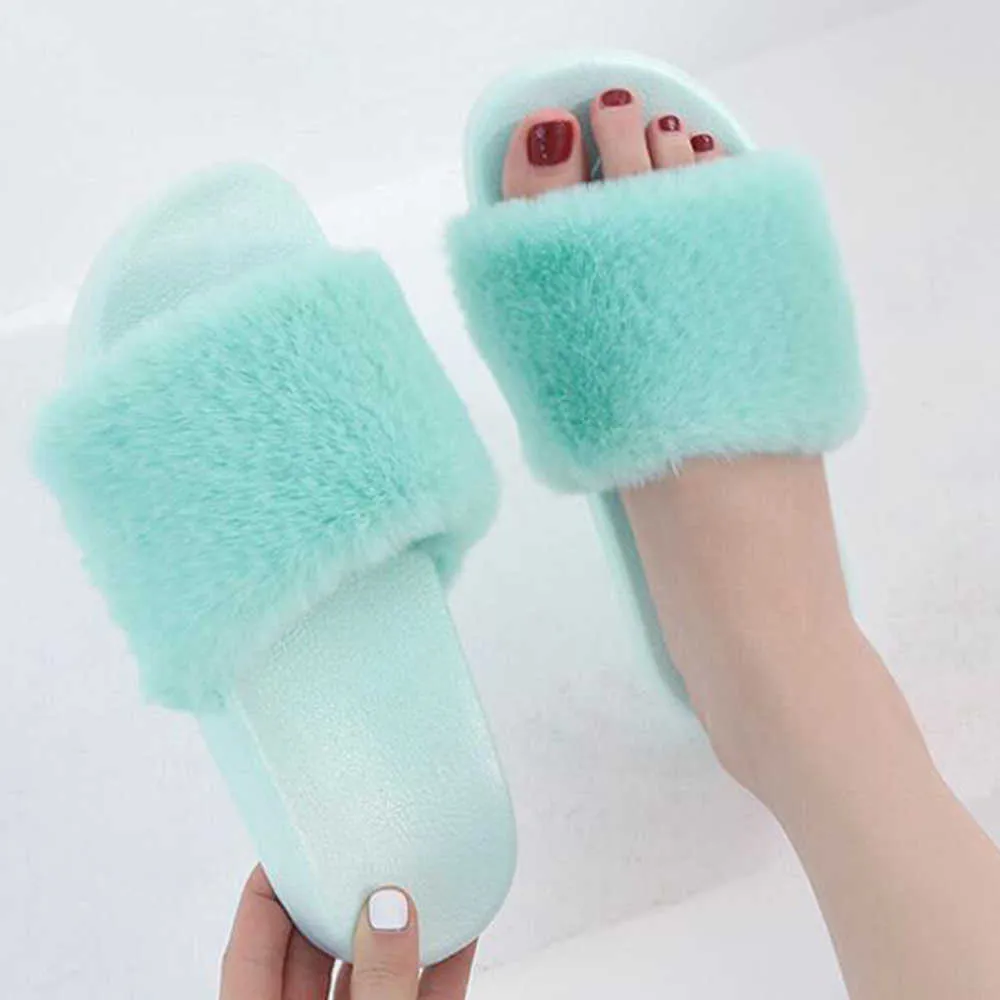 Fashion Women Furry Slippers Home non-slip Ladies Shoes Casual 's Fur Winter Warm Flat qq36 210625