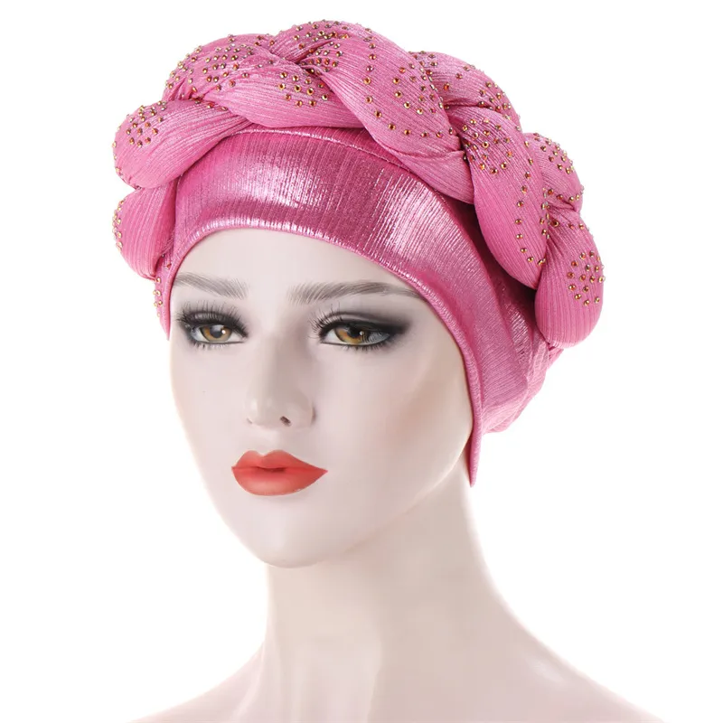 2021 Nova Moda Turbante Afrimain Femme Glitter Tranças Muçulmanas Hijab Bonnet Mulheres Head Wraps Tranças Turbante Mujer Auto Gele