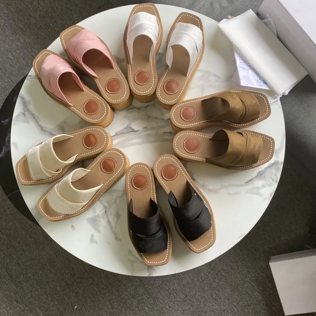 2021 Summer Ladies Sandals Designer Slippers Woody Wedge Muller Canvas Espadrille Flip Flops Platform High Heels Shoe Size 35-41