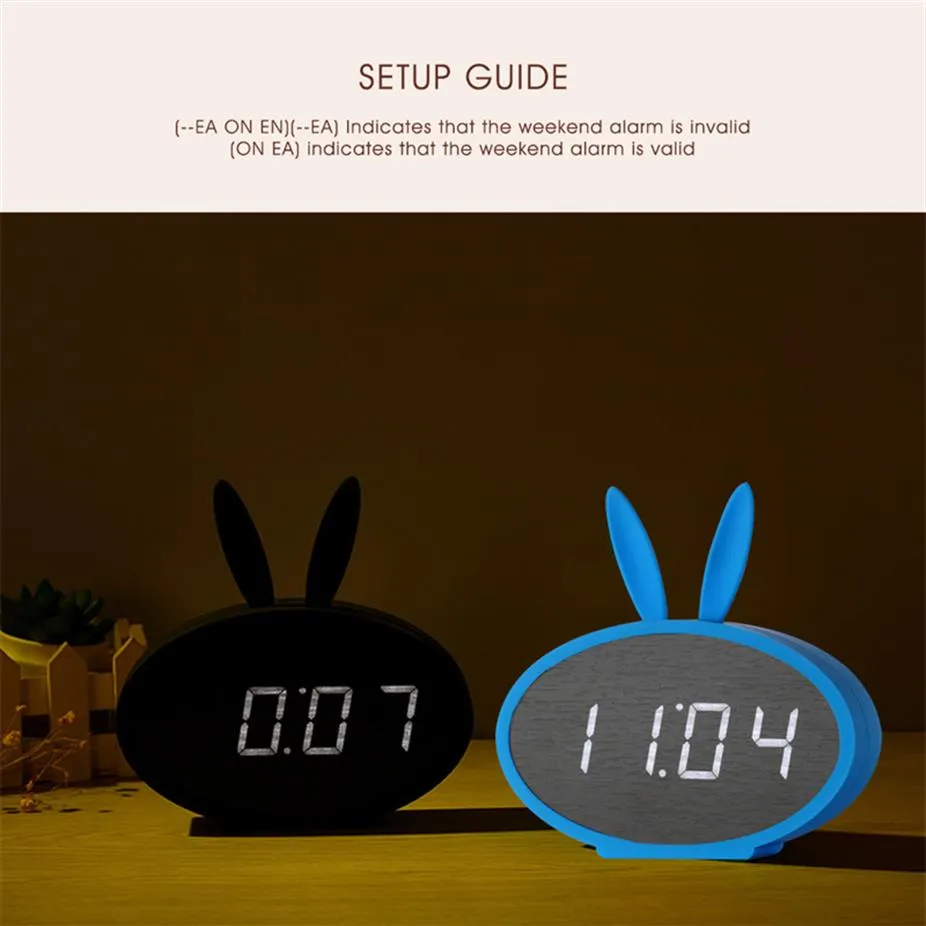 US Stock Cartoon Bunny Ears LED Drewniany Digital Alarm Clock Termometr Display Blue226D