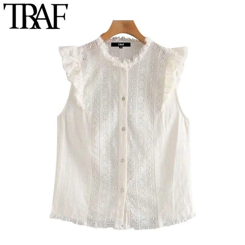 TRAF Women Fashion Embroidery Frayed Trims Ruffled Blouses Vintage Sleeveless Button-up Female Shirts Blusas Chic Tops 210415