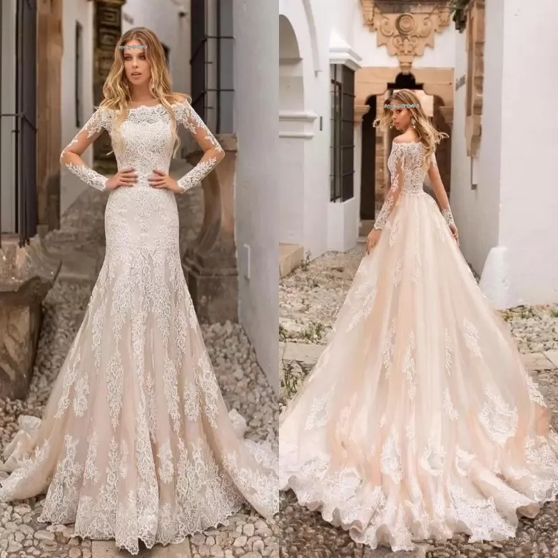 Nuovi abiti da sposa a sirena color champagne con spalle scoperte Appliques in pizzo Maniche lunghe trasparenti Abiti da sposa lunghi in tulle CXX