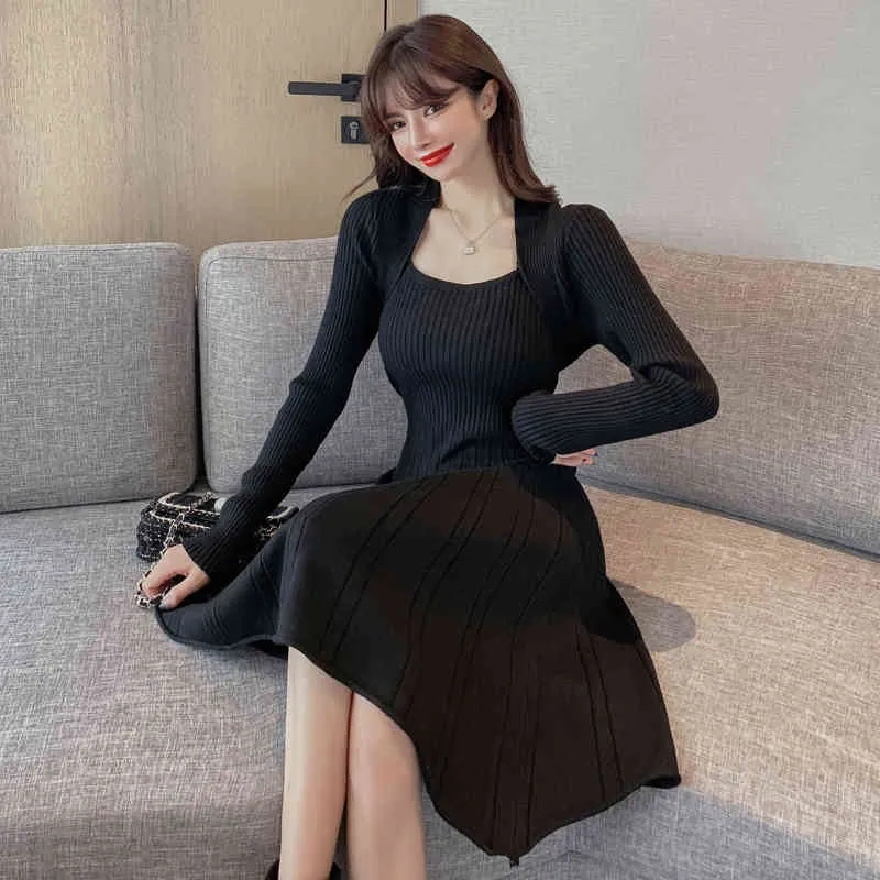 Spring Autumn Elegant Knitted Sweater Long Sleeve Square Collar Fake Two Pieces Women Sweet Casual A Line Midi Dress 210514