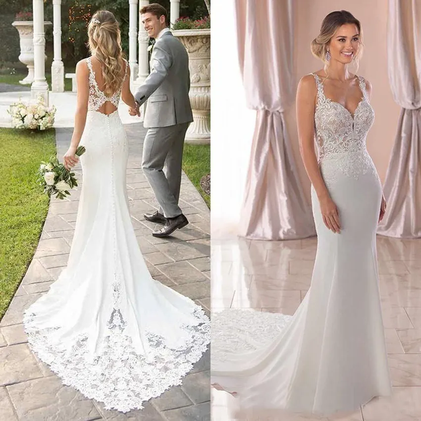 2021 Plaj Gelinlik Gelin Kıyafeti Spagetti Sapanlar Denizkızı Dantel Aplike Sweep Tren Backless Custom Made Vestido de novia