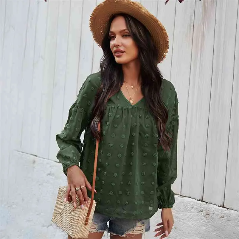 Foridol Polka Dot V Neck Casual Chiffon Blouse Tops Women V Neck Long Sleeve White Sheer Blouse Tops Spring Autumn 210415