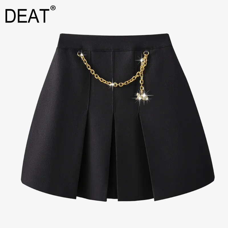 Metal Chain Decorative Pleated Skirt Female High Waist A-line Mini Dress For Women Temperament Summer GX1245 210421